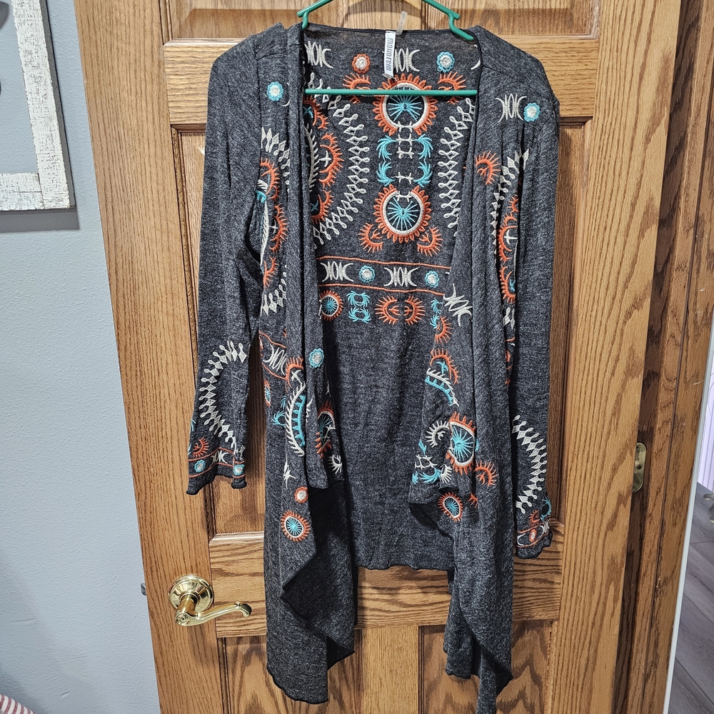 Embroidered Open Front Cardigan - Gray and Orange